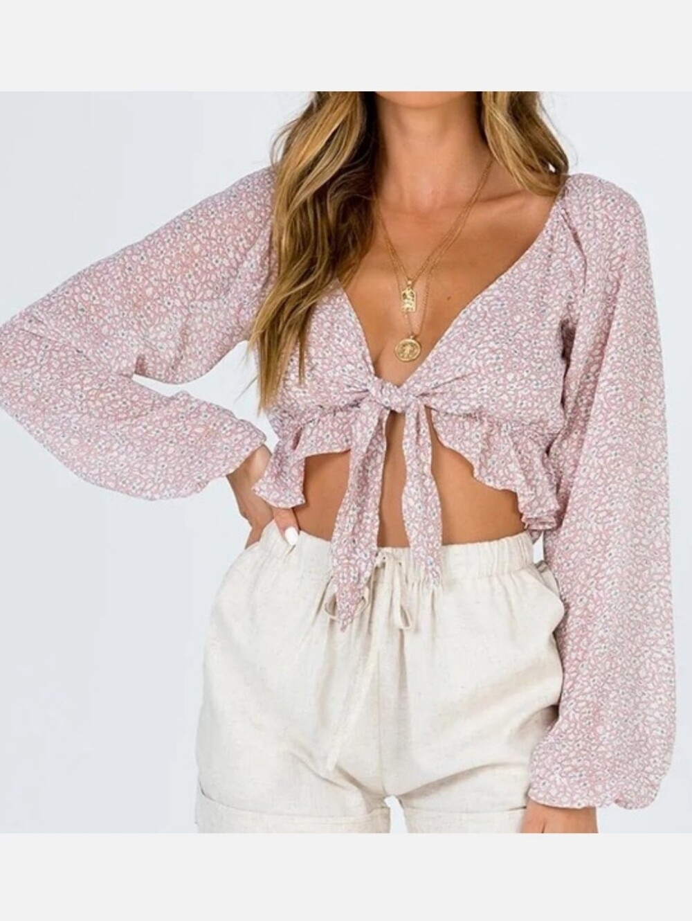 Princess Polly Sweet Pink Floral Sheer Tie Front Long Sleeve Crop Top, Size 4